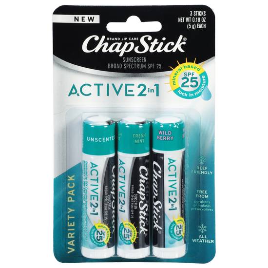 Chapstick Variety pack Broad Spectrum Spf 25 Active 2 in 1 Sunscreen