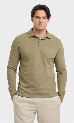 Men's Vintage Long Sleeve Polo Shirt - Goodfellow & Co™ Olive Green M: Cotton, Midweight, Standard Fit, Ribbed Cuff