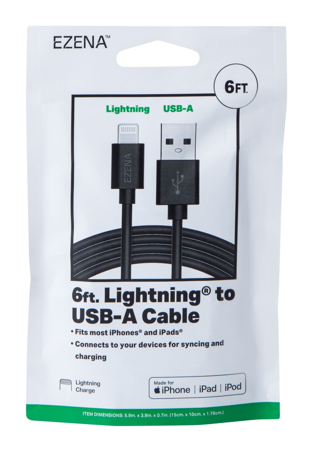 Ezena Lighting To Usb-A Cable, 6 ft, Black