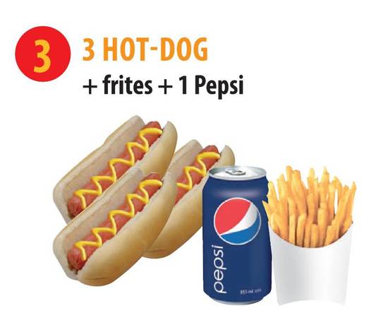 3  Hotdogs + Frite + 1  Boisson