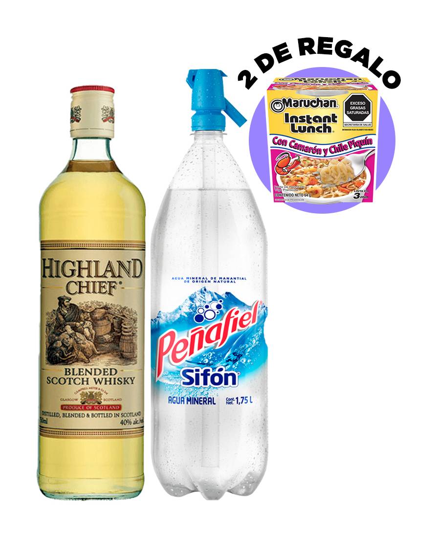 Combo Highland Whisky Chief 750 ml - Peñafiel Agua Mineral Sifón 1.75 L + Regalo 2 Maruchan
