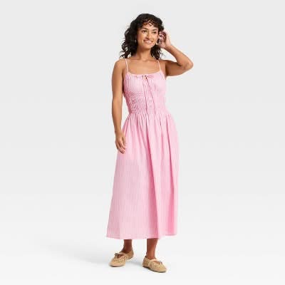 universal thread pink dress Women's Smocked Midi Striped Sundress