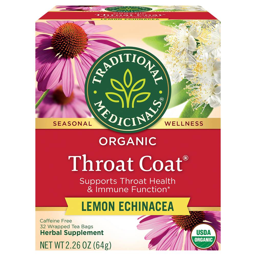 Traditional Medicinals Throat Coat Organic Herbal Tea Bags, Lemon Echinacea (2.26 oz, 32 ct)