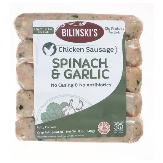 Bilinski's Spinach & Garlic Chicken Sausage (12 oz)