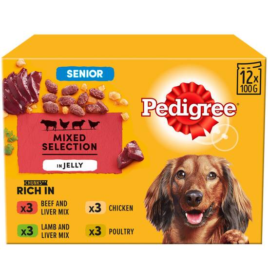 Pedigree Senior Wet Dog Food Pouches Mixed in Jelly 12 x 100g