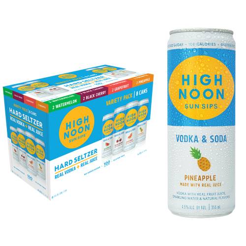 High Noon Sun Sips Hard Seltzer Variety pack (8 pack, 355 ml) (watermelon black cherry grapefruit pineapple)