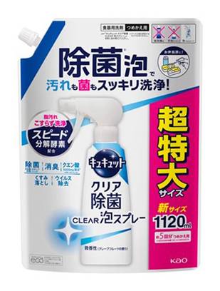 406186：花王 キュキュット ＣＬＥＡＲ泡スプレー 微香性 グレープフルーツ 1120ML / Kyukyutto Clear Disinfecting Foam Spray, Minor Fragrance (Grapefruit Scent)×1120ml