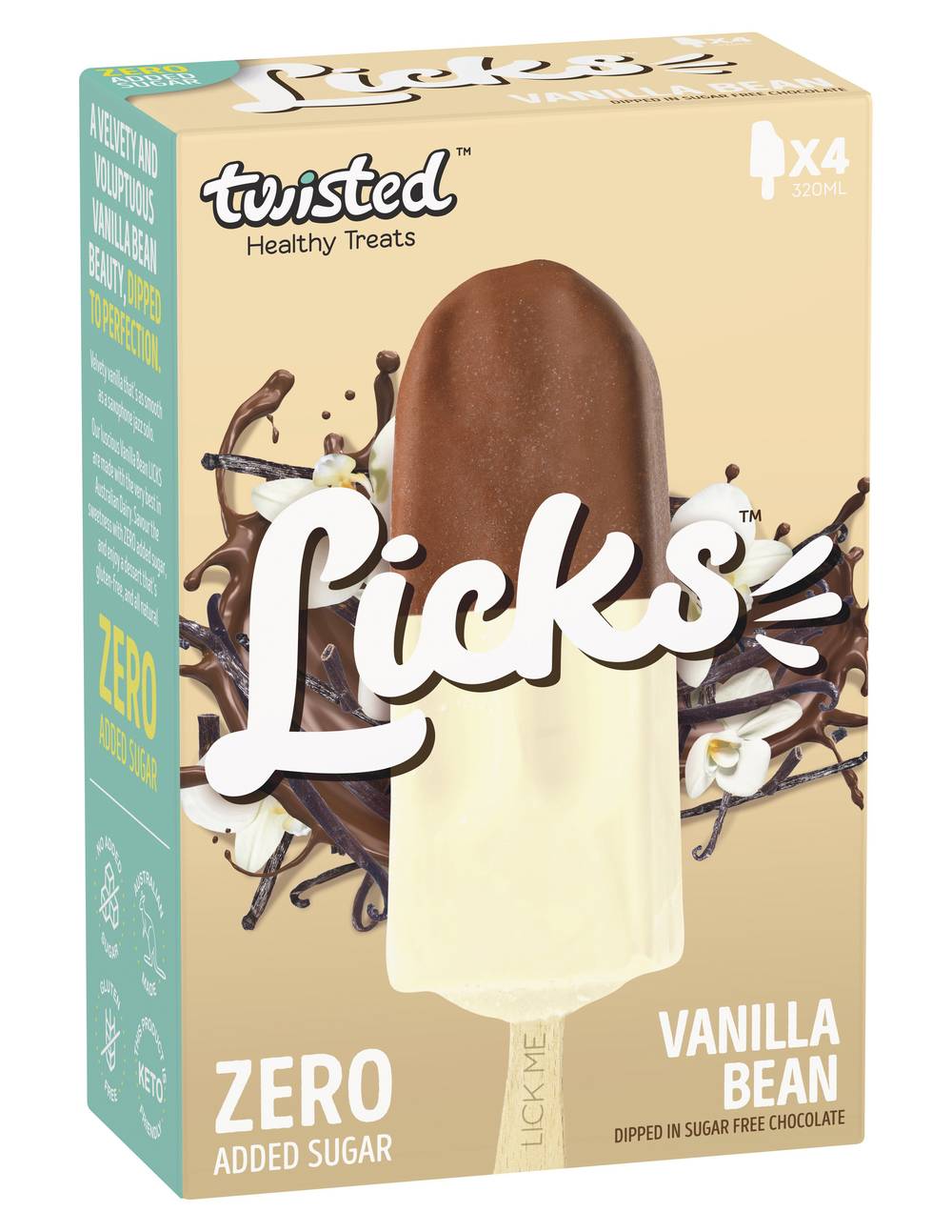 Twisted Healthy Treats Zero Added Sugar Bean Dipped Ice Cream, Vanilla Bean (320mL, 4 pack)