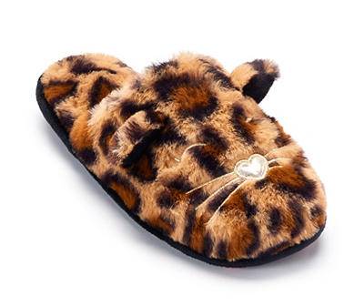 Women's S Brown Leopard Cat Faux Fur Slippers