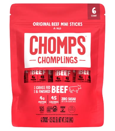 Chomps Chomplings Grass Fed Mini Beef Sticks, Original (6 x 0.5 oz)