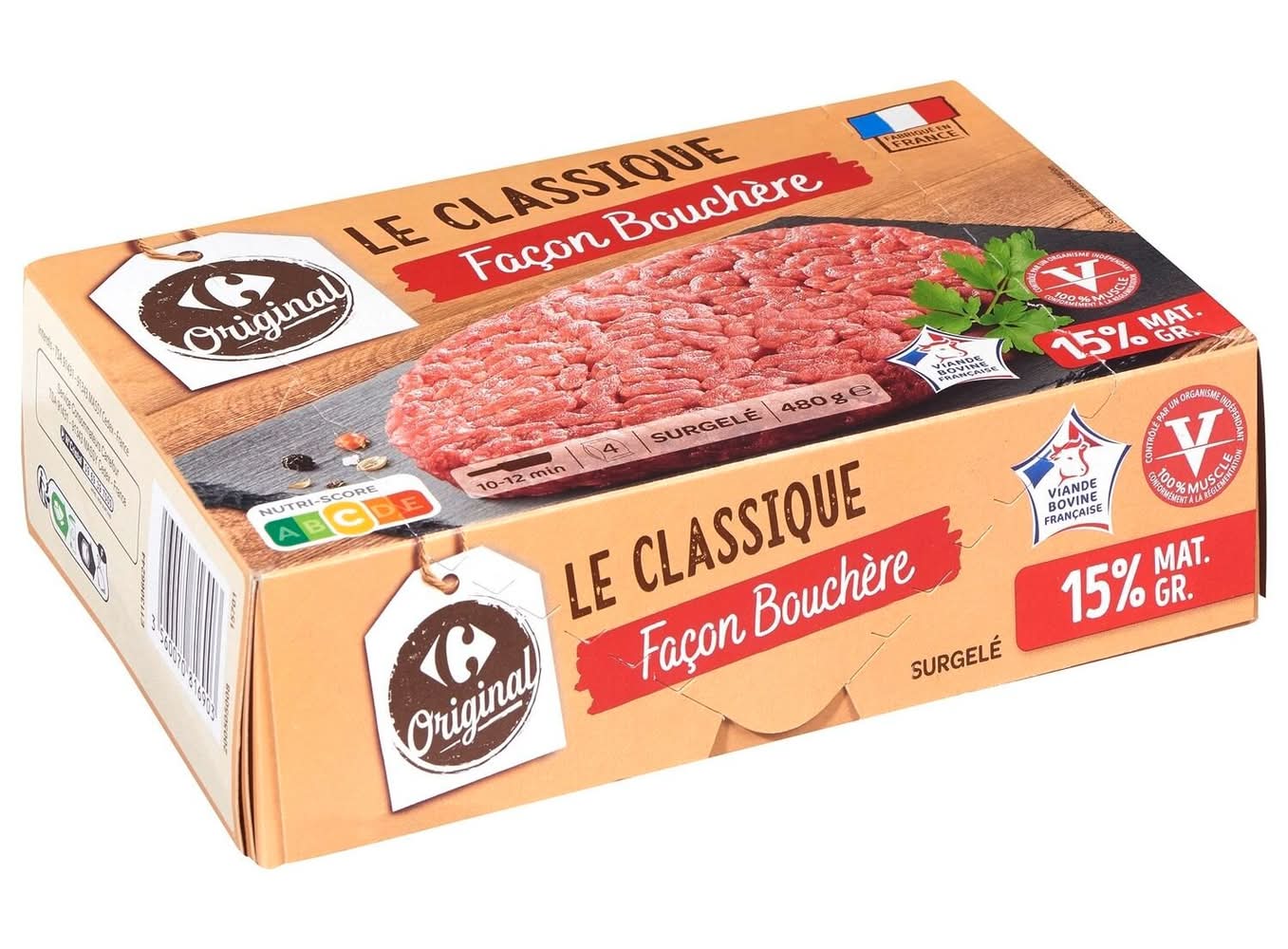 Carrefour Original - Steaks hachés façon bouchère 15% m.g., classique (4 x 120g)