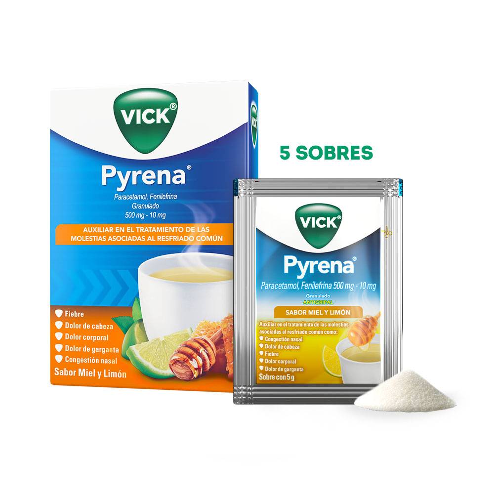 Vick · Pyrena granulado 500 mg/10 mg, miel/limón (5 x 5 g)