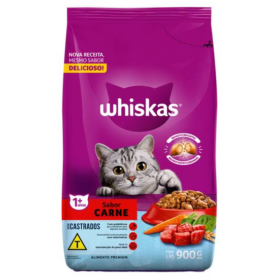 Whiskas ração seca premium sabor carne para gatos castrados (900 g)