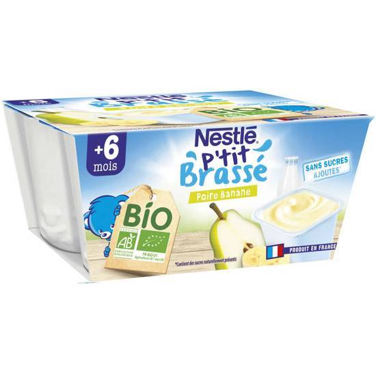 Nestle P'tit Brassé Bio - Dessert laitier Banane Poire - Coupelle - Dès 6 mois - Biologique 4x90g