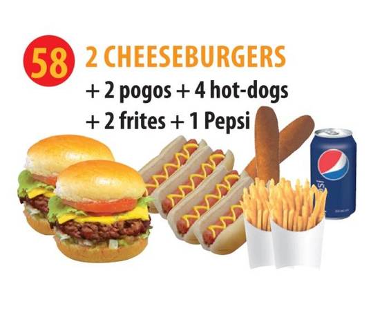 2 Cheese-Burgers + 2 Frites + 2 POGO! + 4 Hot-Dogs + Boisson