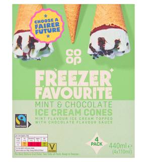 Co-op Freezer Favourite Mint & Chocolate Ice Cream Cones 4 x 110ml (440ml)