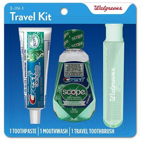 Walgreens 3-In-1 Travel Kit With Toothpaste, Mouthwash, and Travel Toothbrush