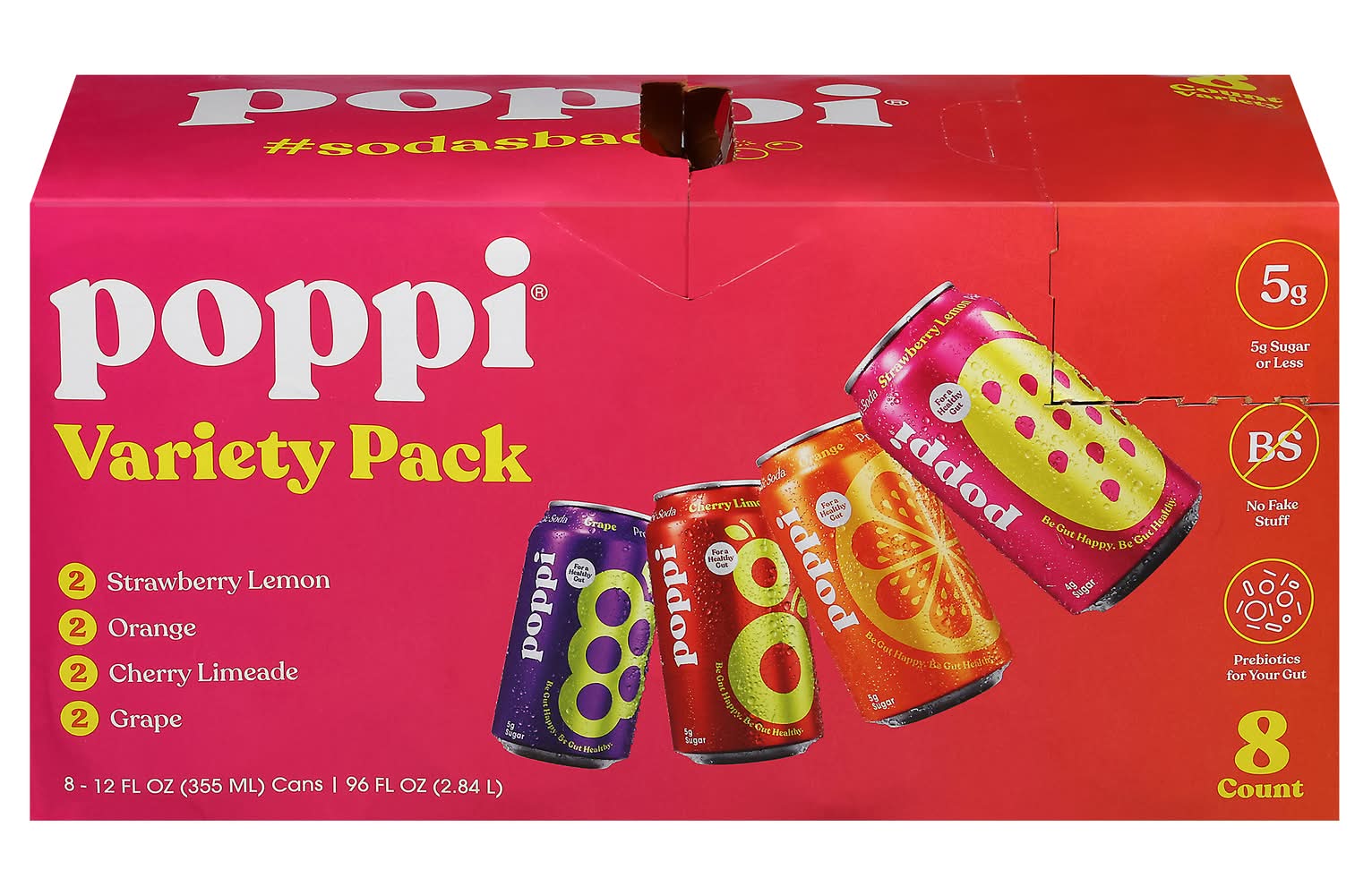 poppi Prebiotic Soda Variety pack, Strawberry Lemon-Orange-Cherry Limeade-Grape (8 x 12 fl oz)