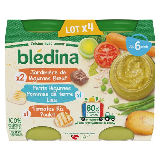 Blédina - Petit pot bébé dès 6 mois jardinière de légumes bœuf, légumes pommes de terre lieu et tomates riz poulet (4 pièces)