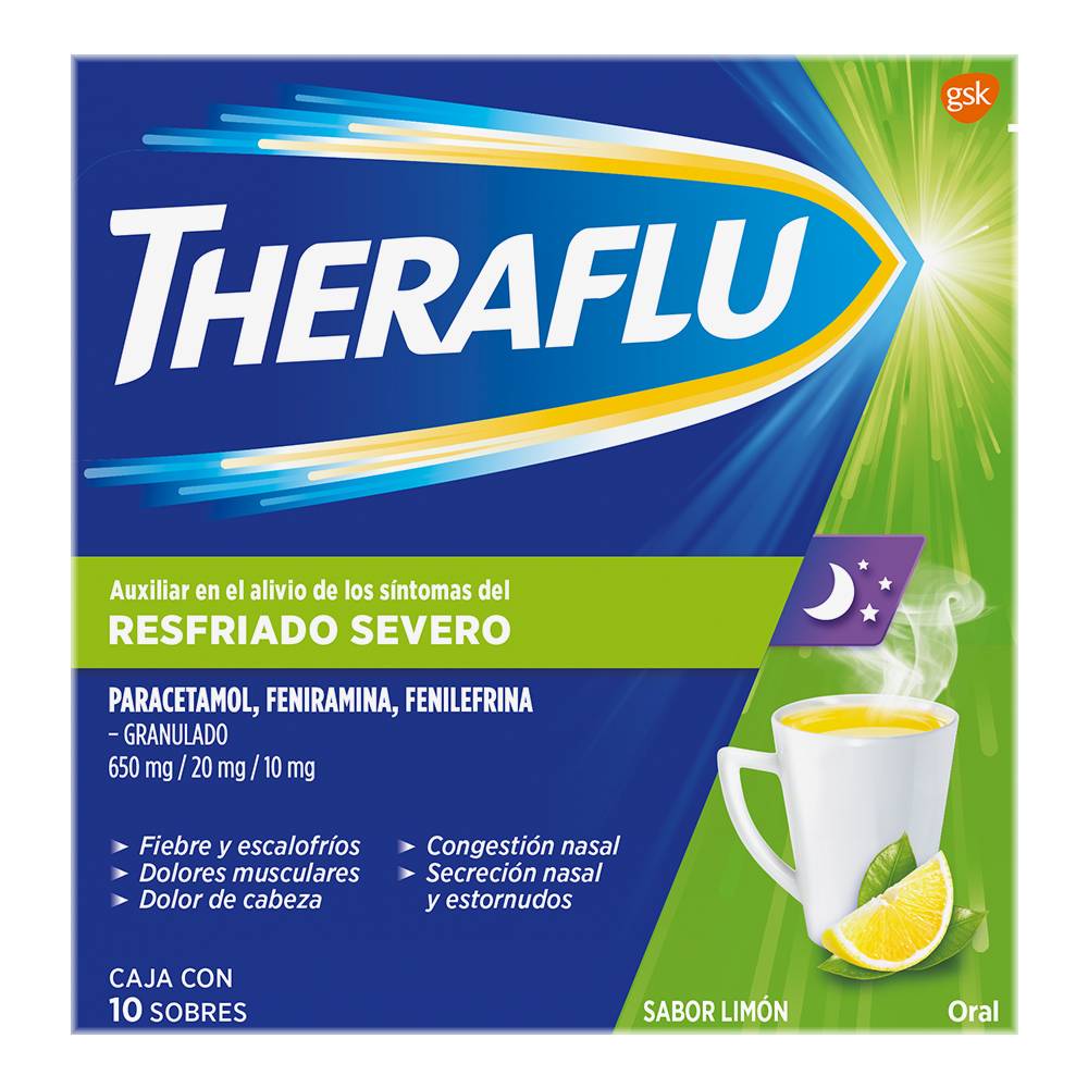 Gsk theraflu noche sabor limón granulado 650/20/10 mg (10 piezas)