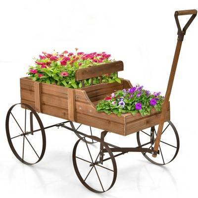 Costway Garden Plant Planter Wooden Wagon Planter W/ Wheel Garden Yard Brown