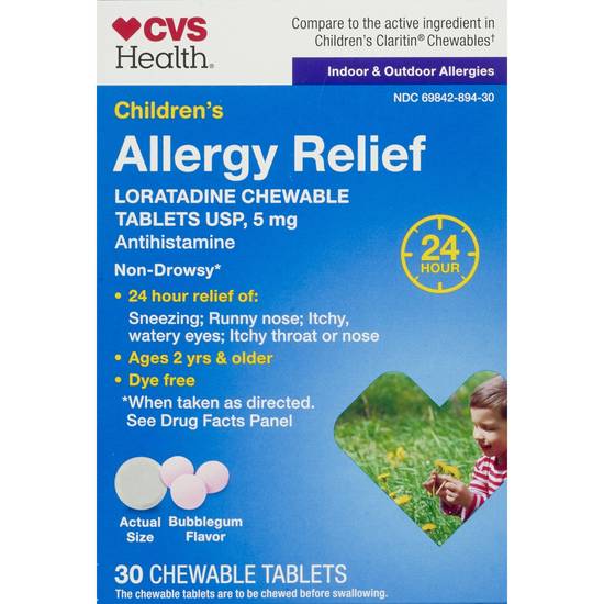 CVS Health Children's Allergy Relief Non-Drowsy Loratadine 5mg Chewable Tablets USP, Bubblegum, 30 CT