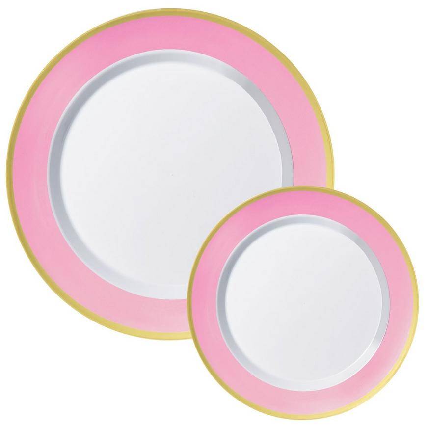 Party City Round Premium Plastic Dinner and Dessert Plates (10.25in-7.5in/pink-gold border)