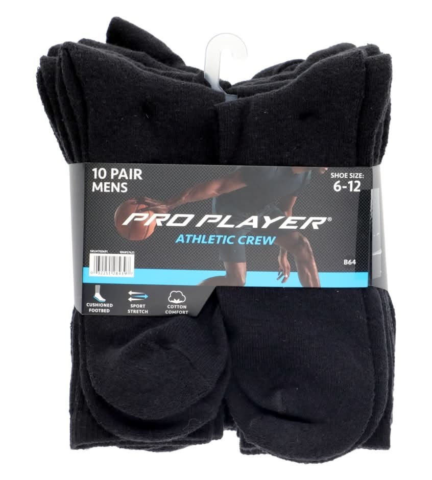 Pro Player Athletic Crew Socks, Men, 6-12, Black (10 ct)
