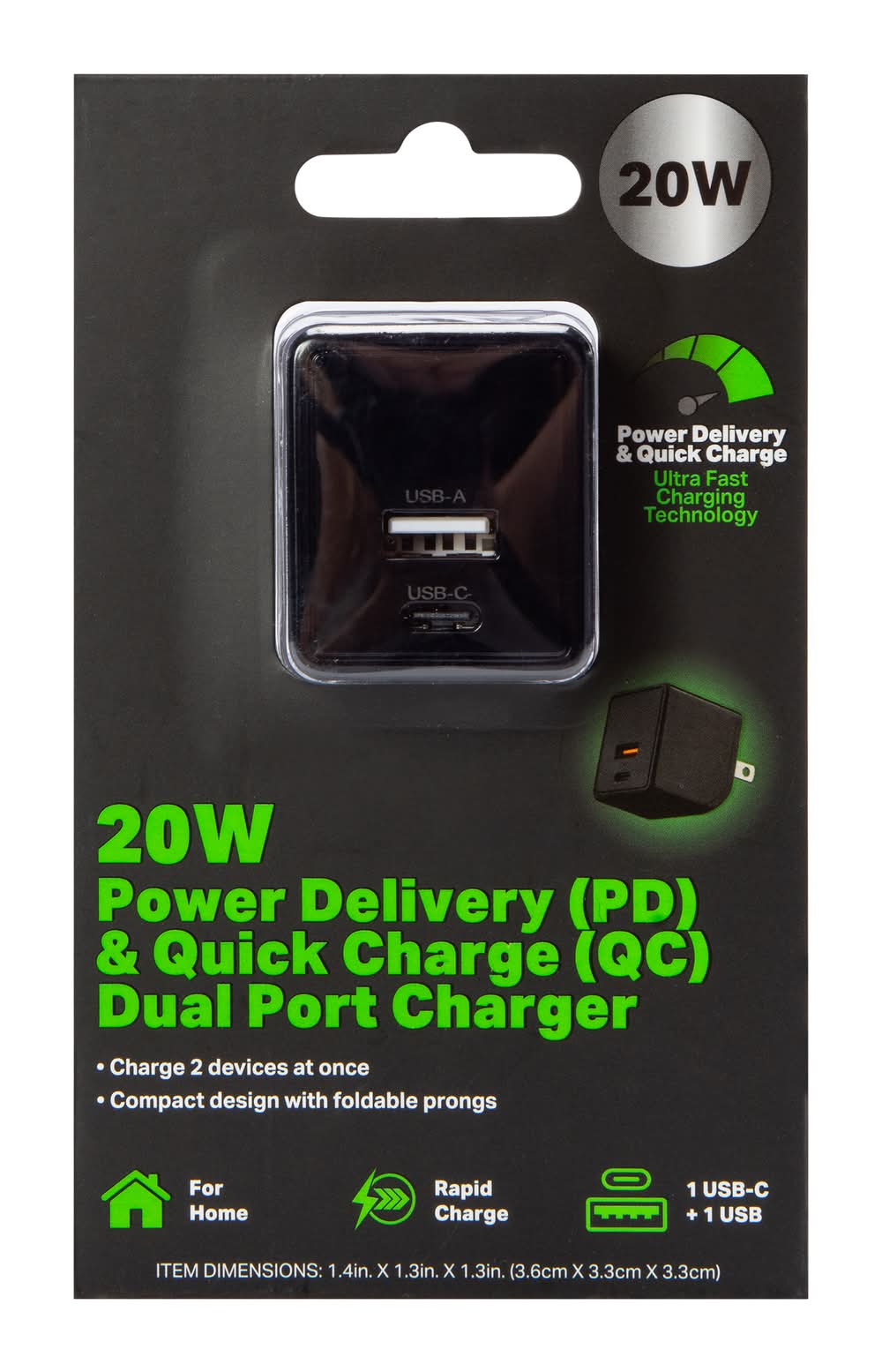 Five Below 20W Power Delivery & Quick Charge Dual Port Wall Charger, Black