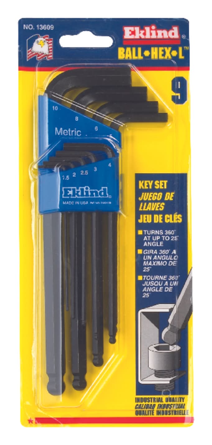 Eklind Ball-Hex-L Metric Long Arm Ball End Hex L-Key Set 9 Pc