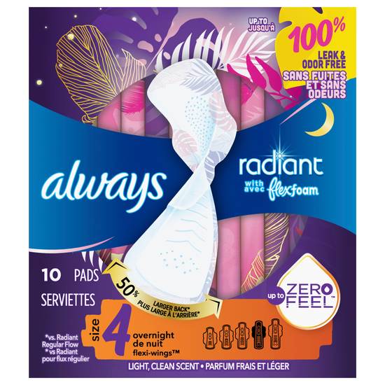Always Radiant Size 4 Flexi Wings Overnight Pads (10 ct)