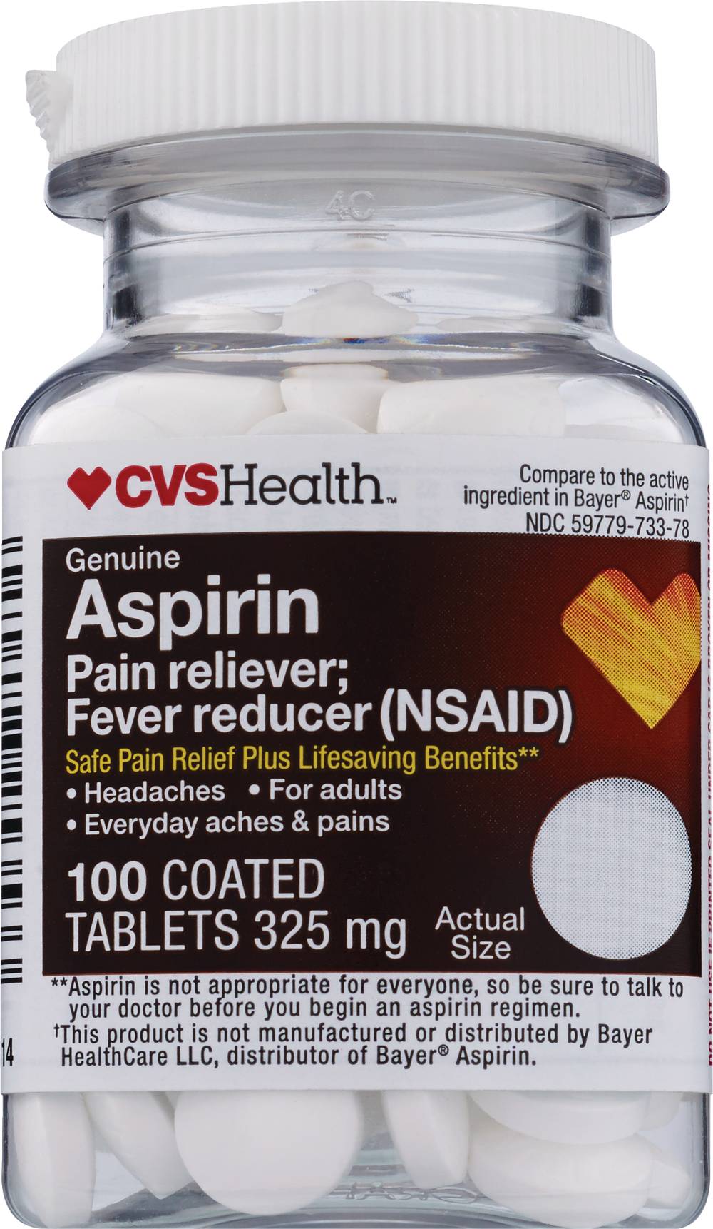 Cvs Health Regular Strength Aspirin 325 Mg Coated Tablets, 100 Ct