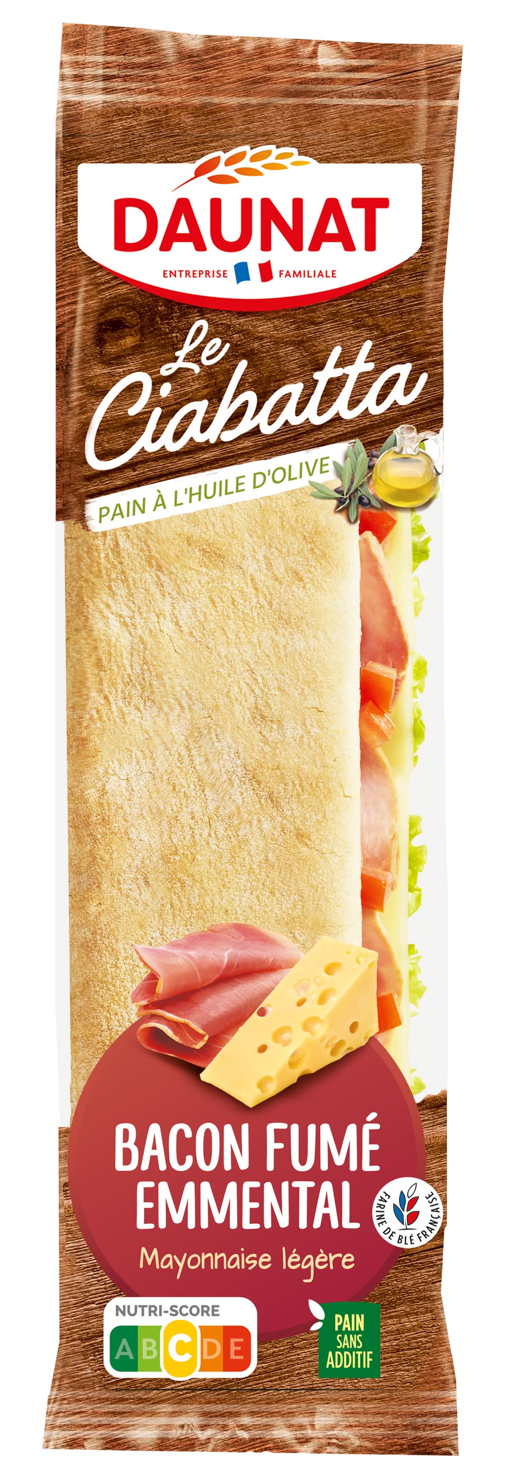 Daunat - Le ciabatta sandwich préparé, bacon fumé emmental mayonnaise légère (200g)