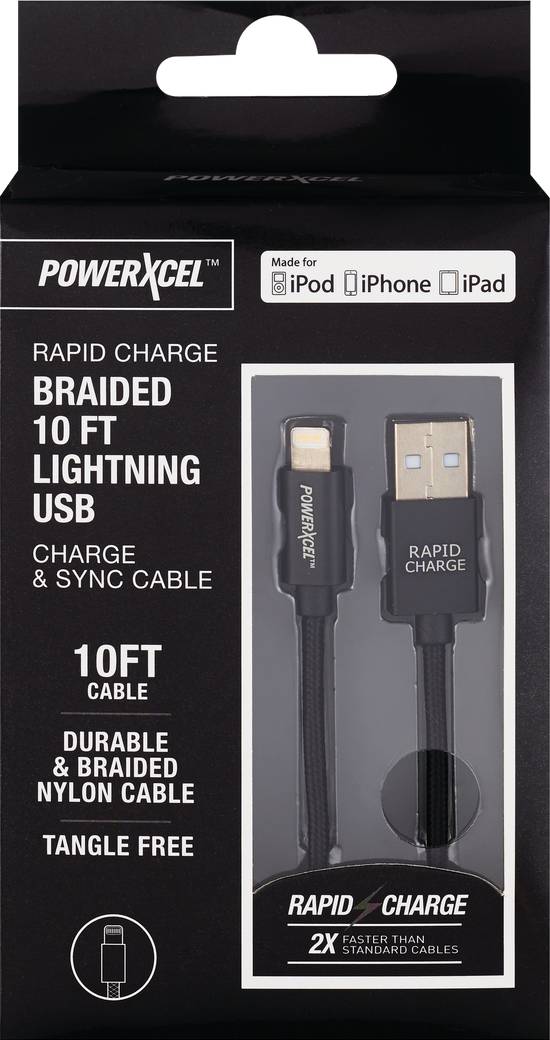 Rapid Charge Braided 10Ft Lightning USB Charge & Sync Cable, Black