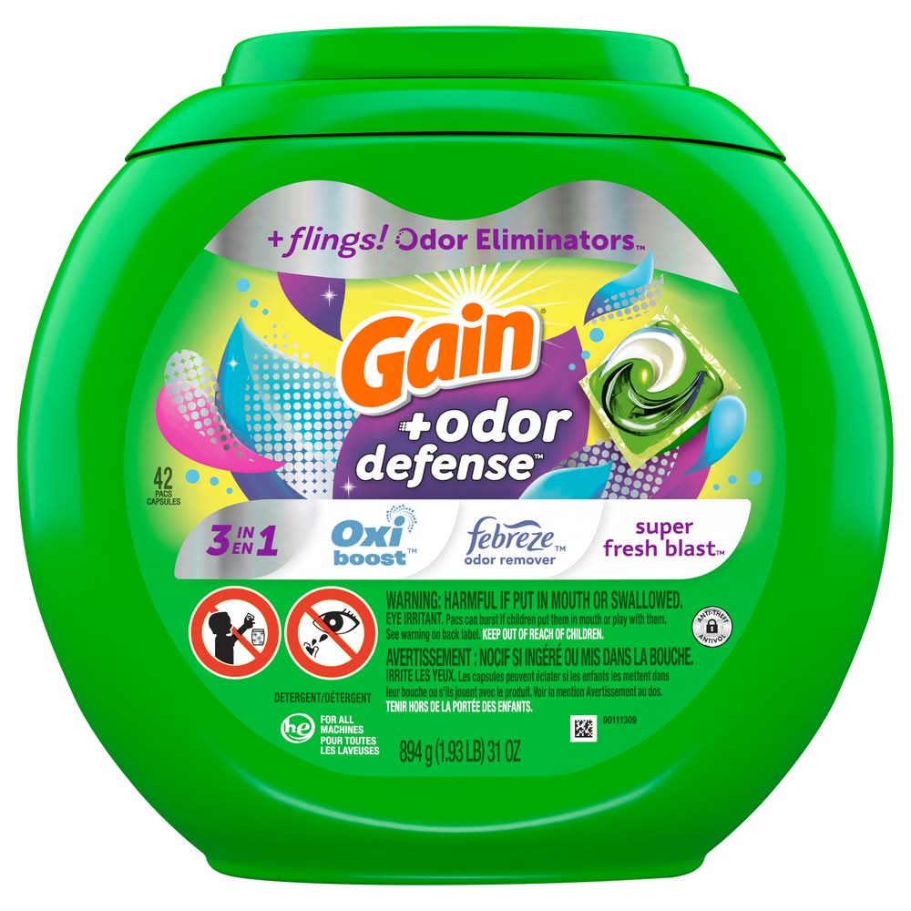 Gain +Odor Defense Flings Laundry Detergent Pacs, Super Fresh Blast (31 oz, 42 ct)