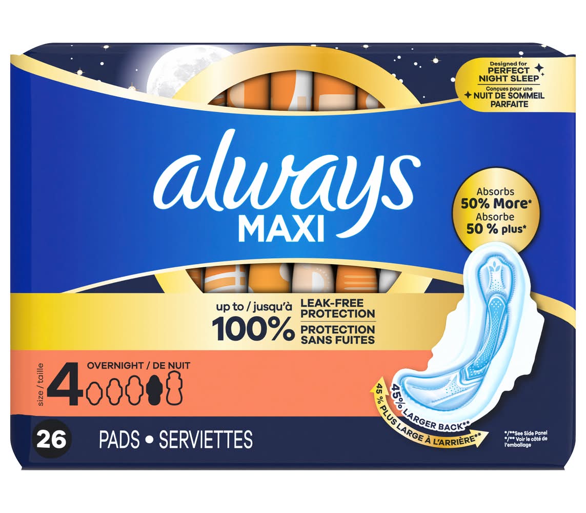 Always Maxi Overnight Flexi Wings Pads, 4 (26 ct)