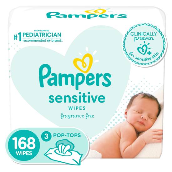 Pampers Baby Wipes Sensitive Perfume Free 3X Pop-Top Packs, 168 CT