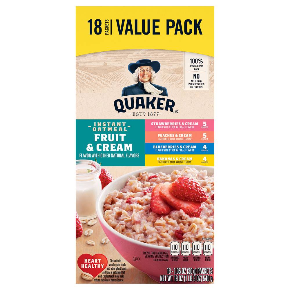 Quaker Instant Oatmeal, Fruit & Cream (105 oz, 18 ct)