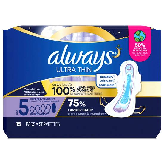 Always Ultra Thin Overnight Flexi-Wings Pads Size 5 ( 15 ct )