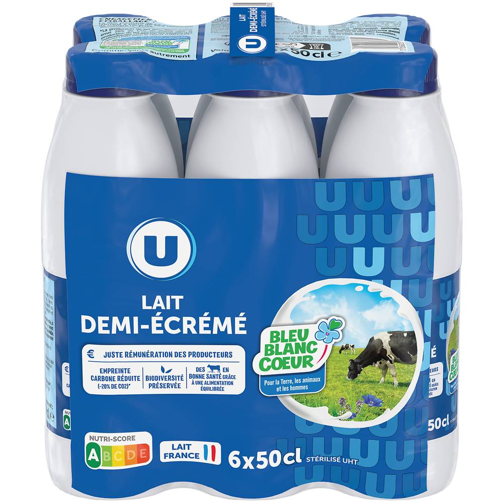 Les Produits U - Lait uht demi écrémé bleu blanc coeur (6 x 500ml)