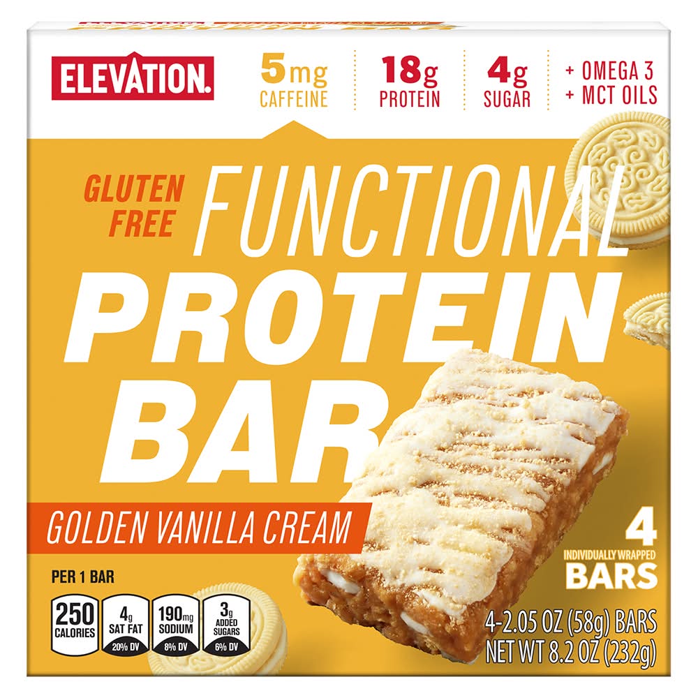 Elevation Gluten Free Functional Protein Bar, Golden Vanilla Cream (4 x 2.05 oz)