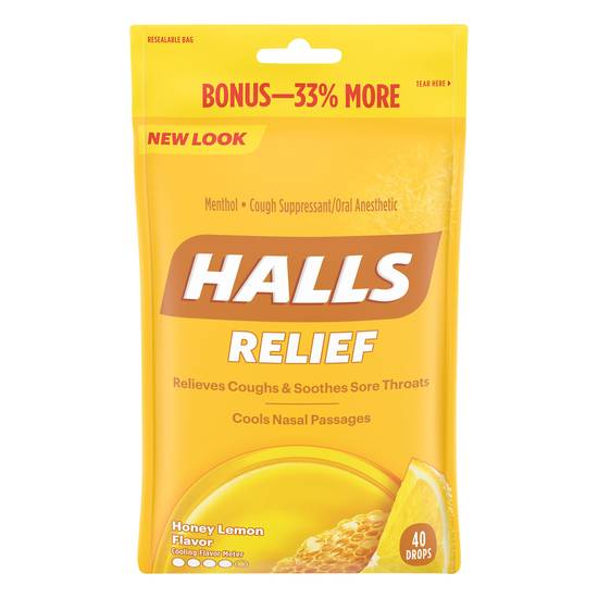 Halls Relief Honey Lemon Flavor Menthol Cough Suppressant/Oral Anesthetic Drops (40 ct)