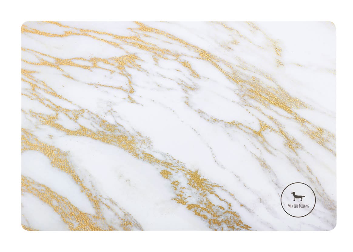 Park Life Designs · Mantel individual de plástico para mascota, 40.6x30.5 cm, blanco-dorado