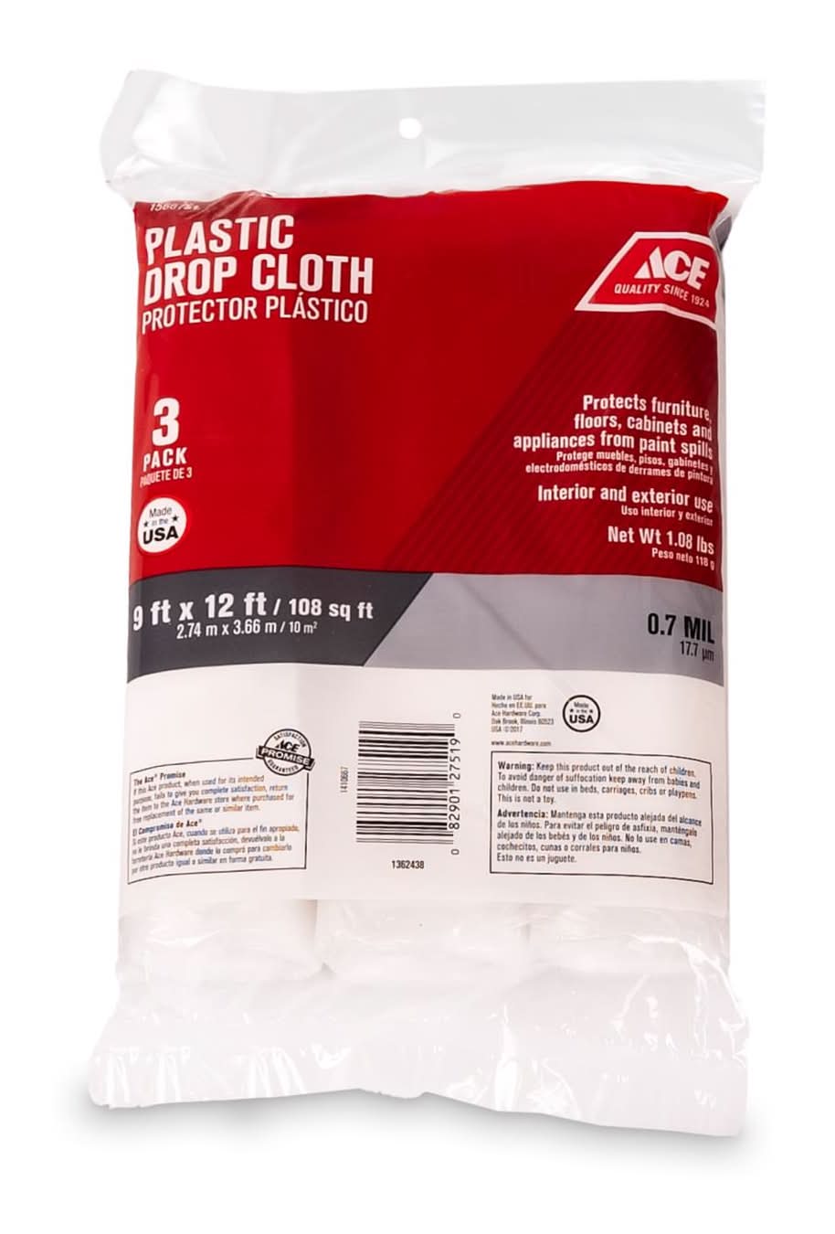 Ace 9 Ft. W X 12 Ft. L X 0.7 Mil Plastic Drop Cloth 3 Pk