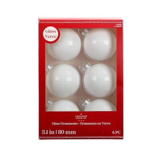 Ashland Shiny Glass Ball Ornaments, 3 in, White (6 ct)