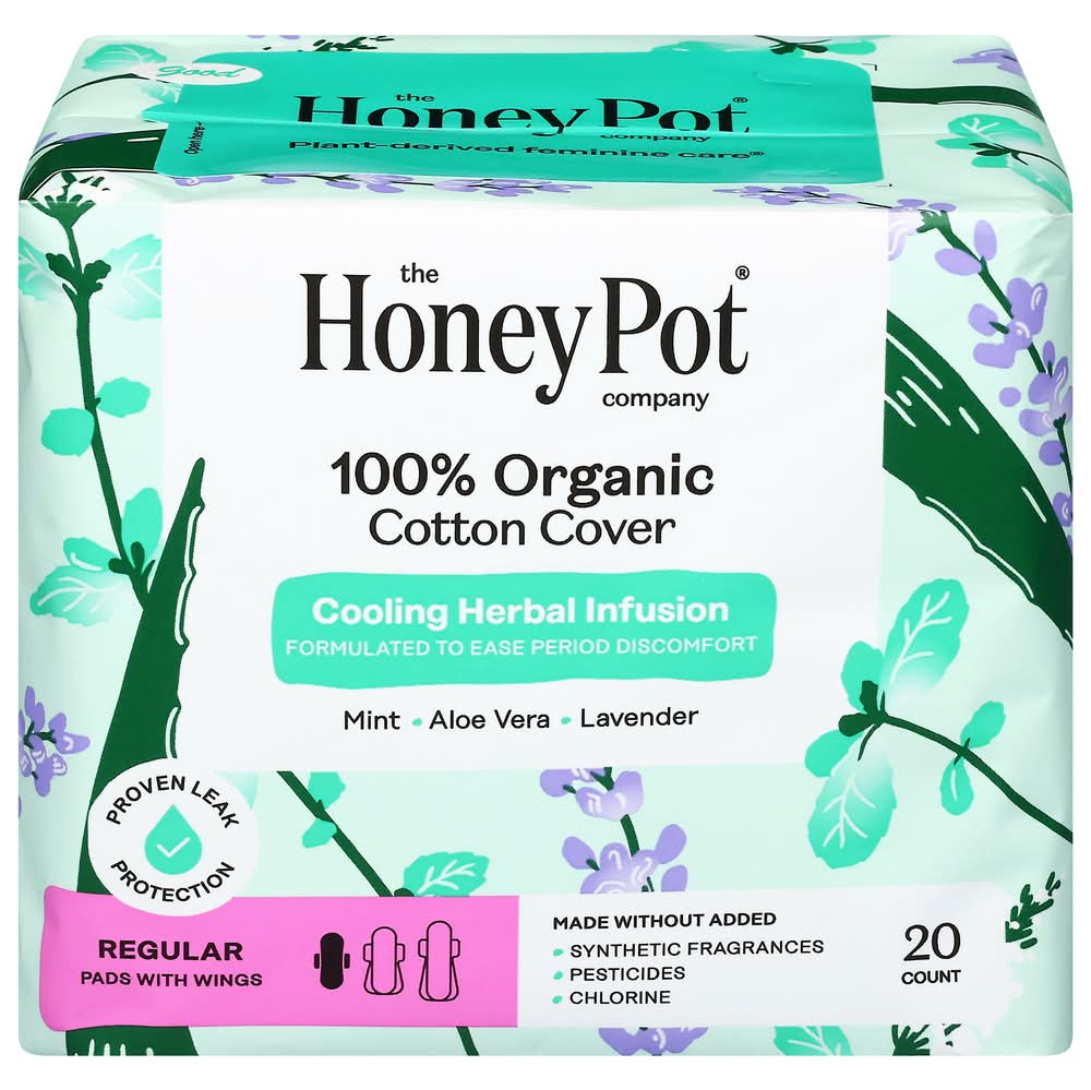 The Honey Pot 100% Organic Cotton Cover Regular Pads (6.4 oz, 20 ct)