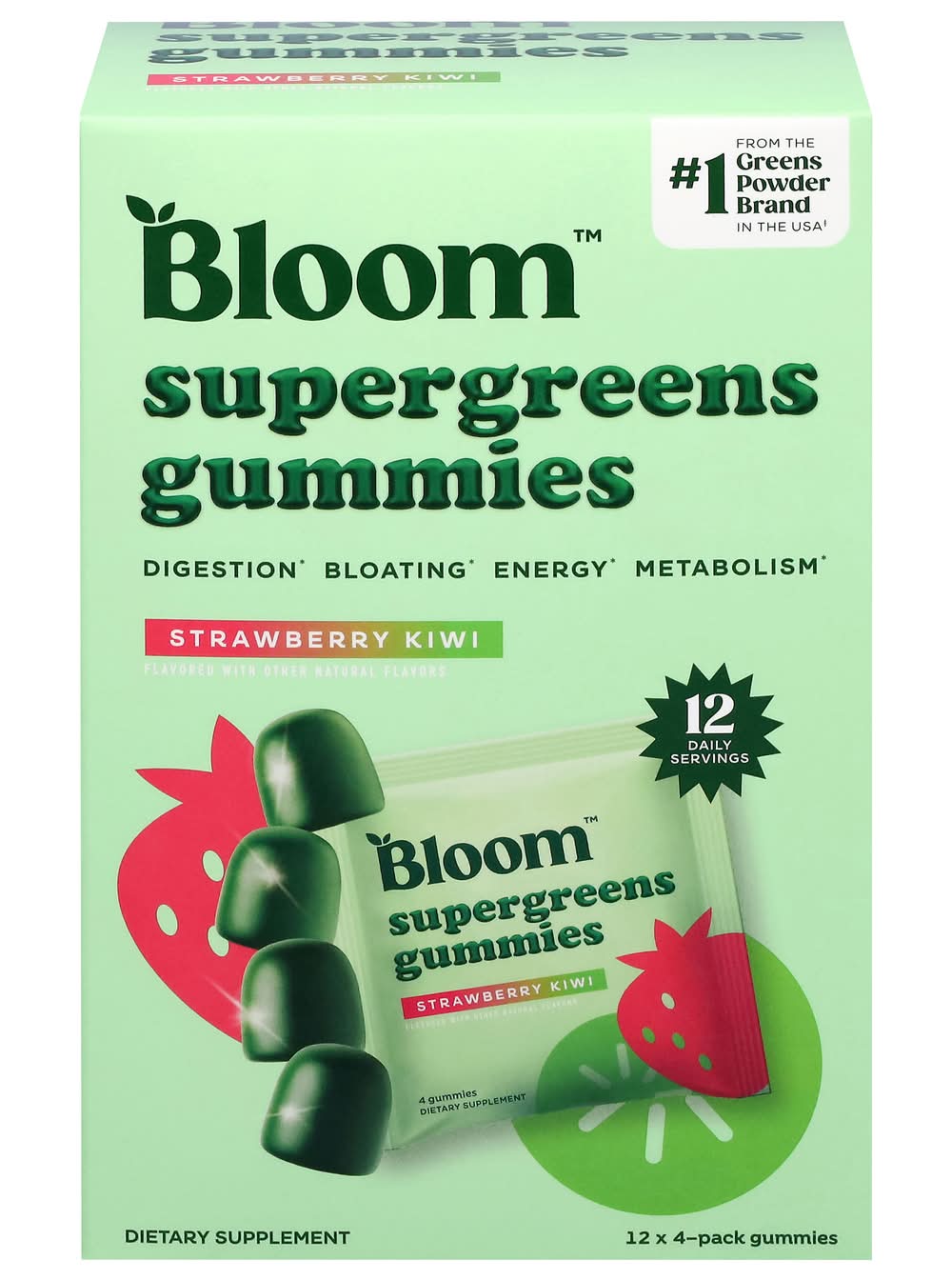 Bloom Supergreens Gummies, Strawberry Kiwi (12 x 4 ct)