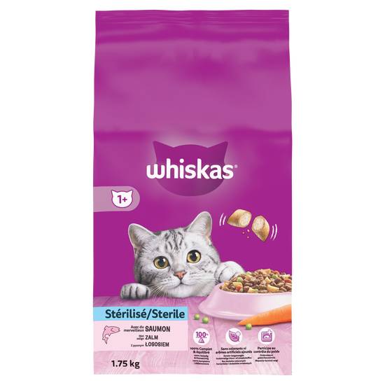 Whiskas - Croquettes pour chat adulte stérilisé au saumon 1+