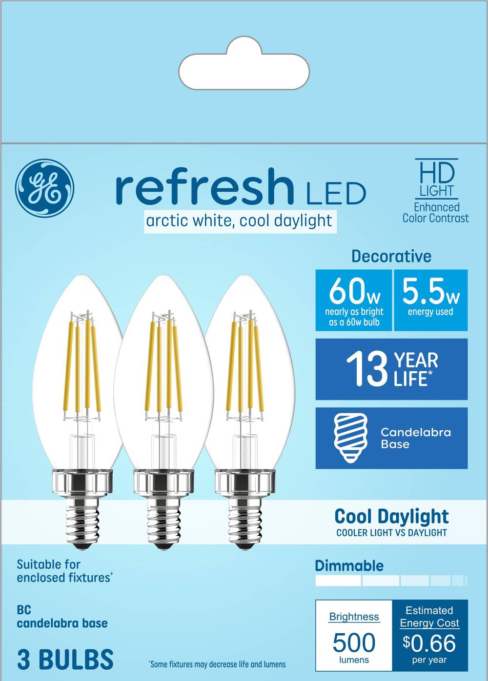 GE Decorative Light Bulbs 60-Watt EQ B11 Cool Daylight Candelabra Base (e-12) Dimmable LED Decorative Light Bulb (3-Pack) | 93122672