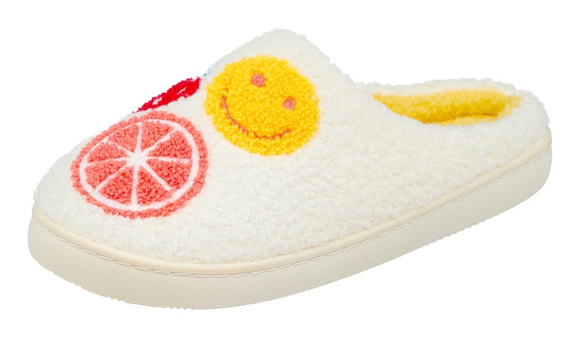 Women'S White Fuzzy Slippers With Embroidered Fruit Designs